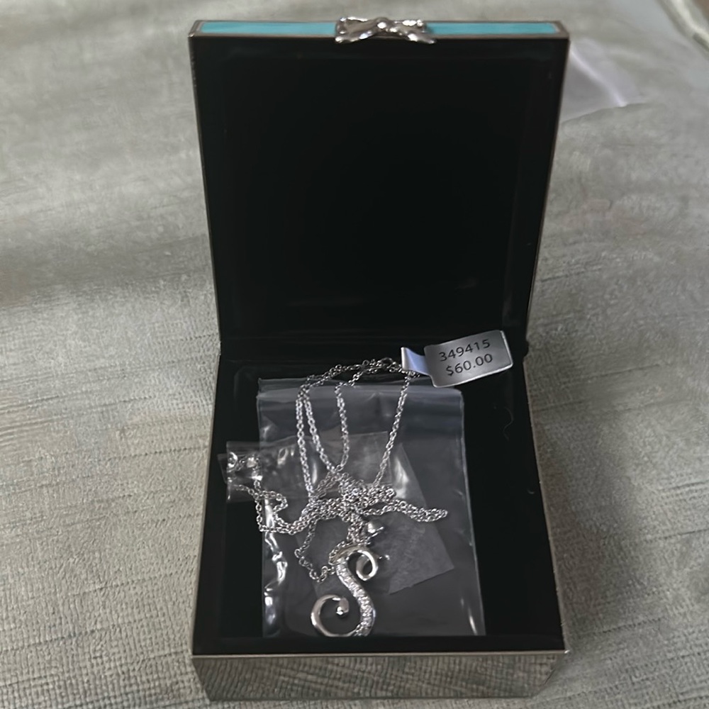 NIB- “S” monogram Sterling silver rhinestone necklace